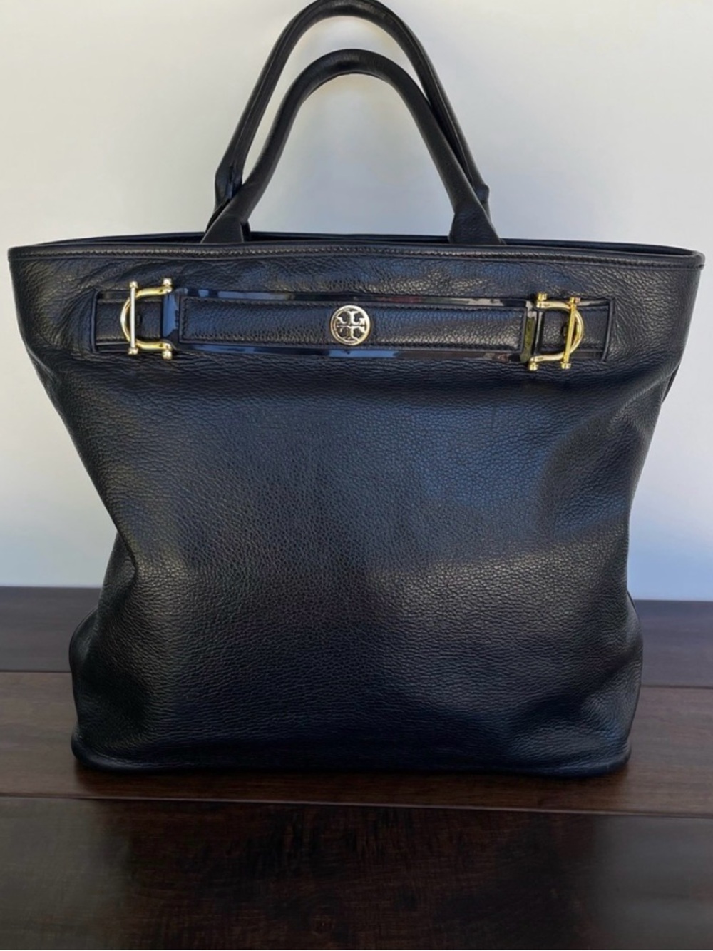 Tory Burch Jayden Black Leather Tote with Gold Logo Horse Bit Accent